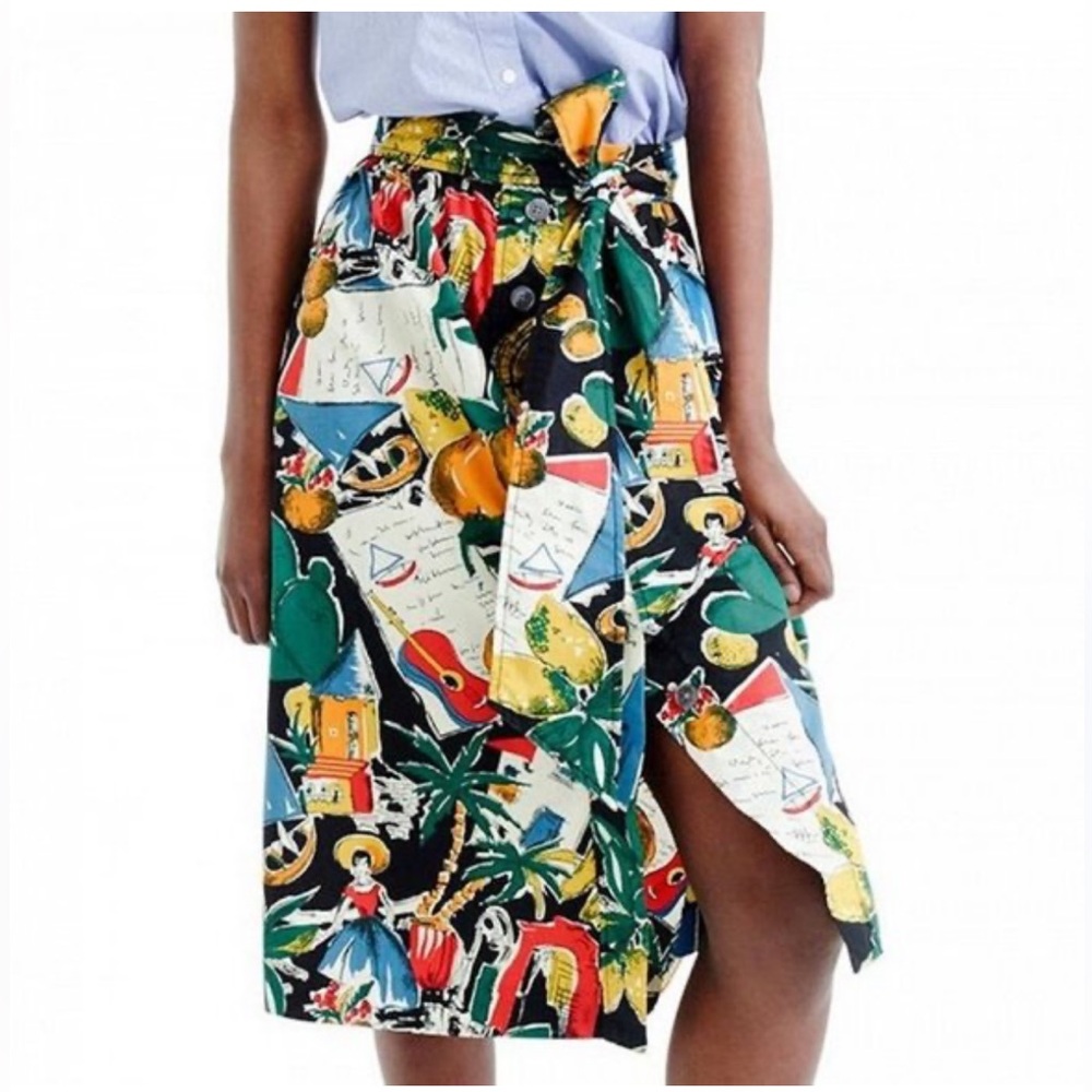 J.Crew Button-Up A-Line in Postcard Print Fruit Belted Tie Skirt